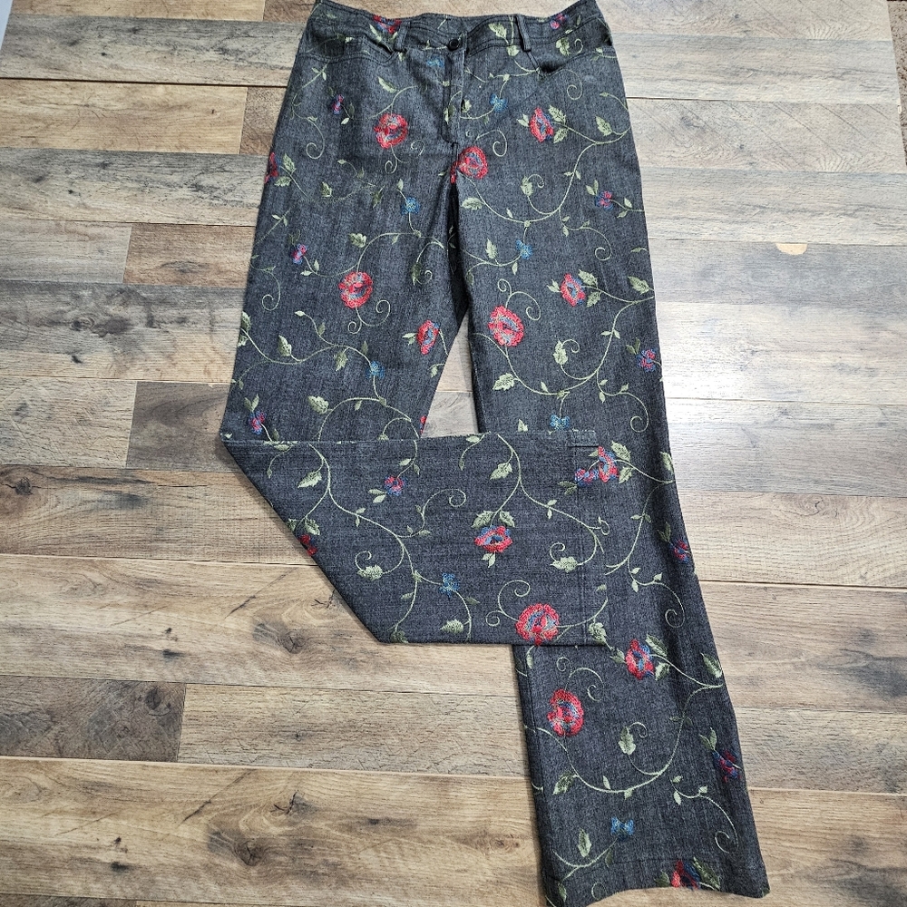 WORTH Floral Embroidered Straight Leg Pants‎ Cotton Stretch Size 8 Vintage